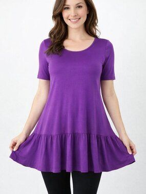 FLAWLESS Minimalist Purple Crew Neck Short Sleeve Pleated T-Shirt Tunic M,XL